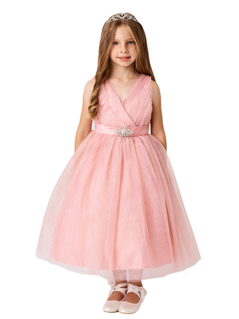 Vestido de dama de honor junior de tul plisado con fajín de satén amarillo para niñas grandes 8-16